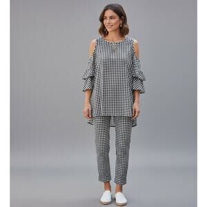 NWT KAREN KANE GINGHAM Ruffle Cold Shoulder Top & Crop Pants Set Black/White